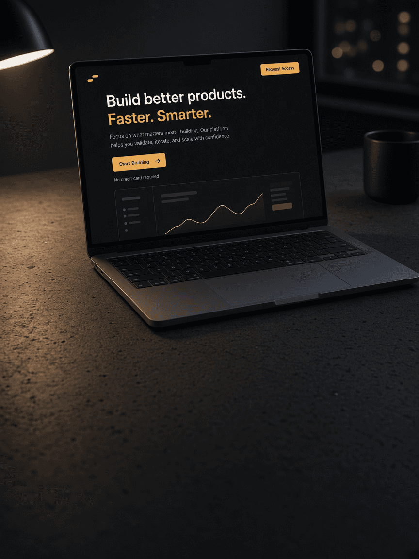 Laptop showing a dark-mode MVP landing page on a nighttime founder desk