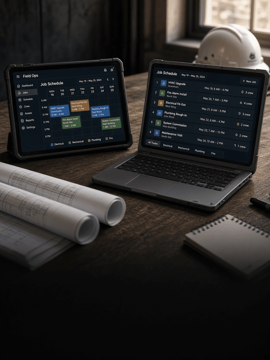 Tablet and laptop showing field operations scheduling software beside blueprints
