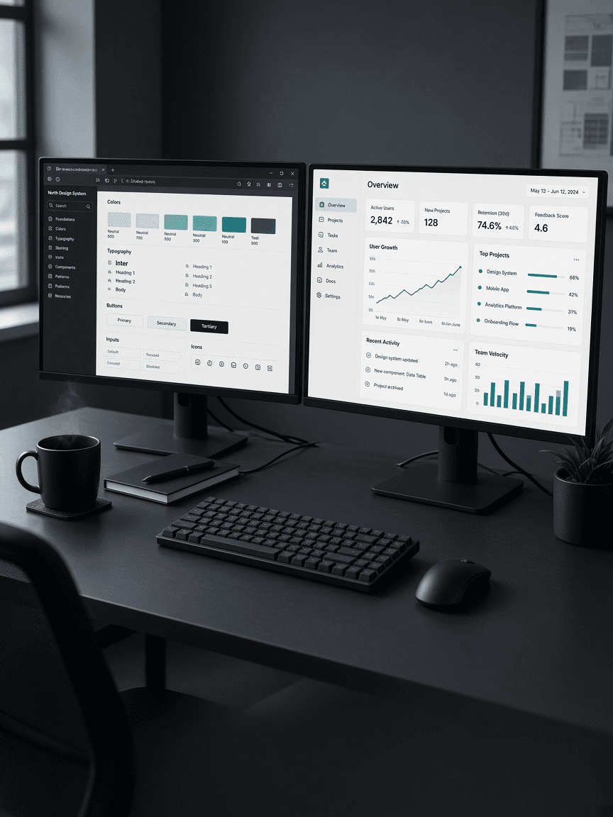 Dual monitors showing a design system and product analytics dashboard