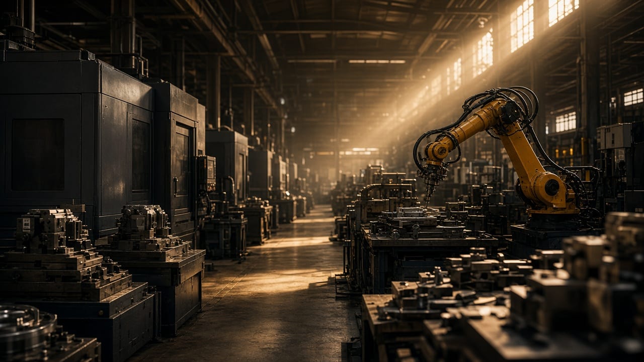 Machining hall with a robotic arm at work between rows of CNC equipment
