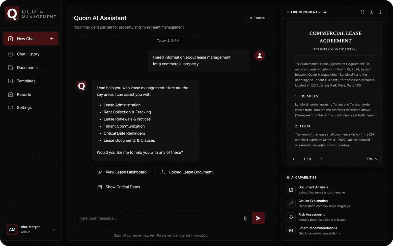 Quoin Management AI assistant with lease document analysis and property management workflows