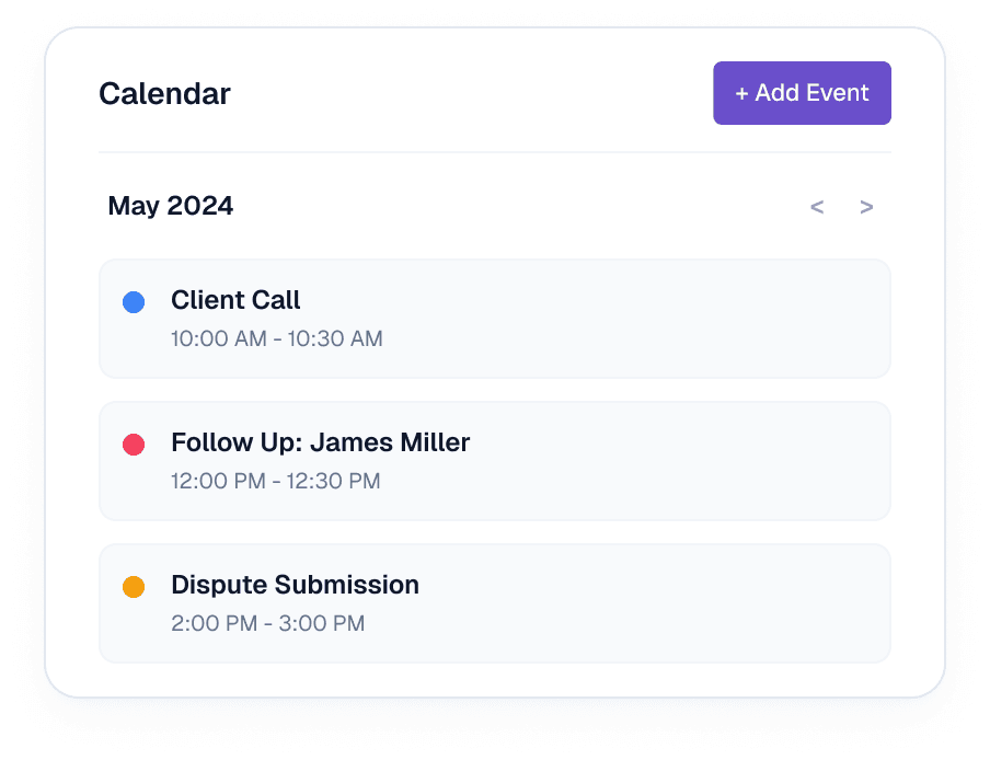 Calendar & Reminders screen in the InSaaS credit repair platform