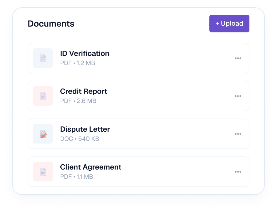Documents & Files screen in the InSaaS credit repair platform