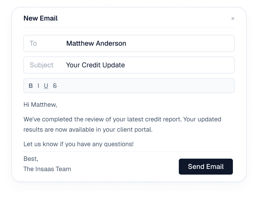 Email screen in the InSaaS credit repair platform
